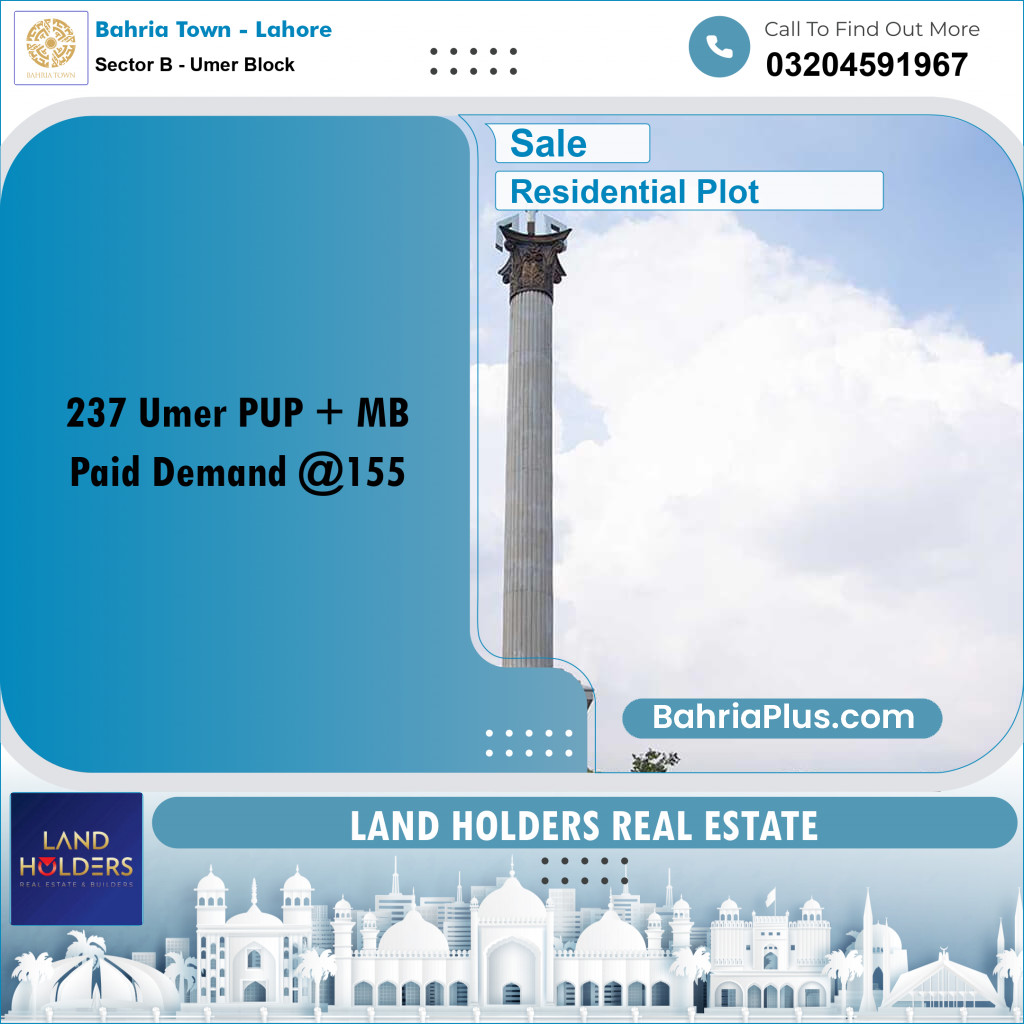 8 Marla Residential Plot for Sale in Sector B - Umer Block -  Bahria Town, Lahore - (BP-289747)