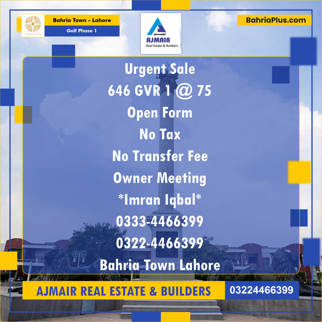5 Marla Residential Plot for Sale in Golf Phase 1 -  Bahria Town, Lahore - (BP-289830)