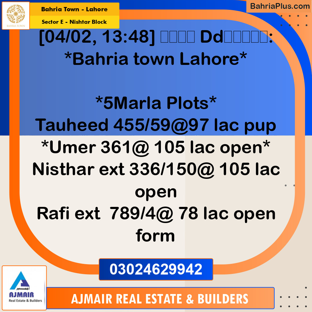 5 Marla Residential Plot for Sale in Sector E - Nishtar Block -  Bahria Town, Lahore - (BP-289839)