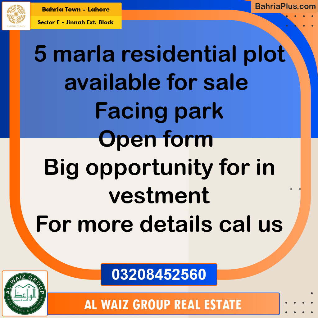 5 Marla Residential Plot for Sale in Sector E - Jinnah Ext. Block -  Bahria Town, Lahore - (BP-289903)