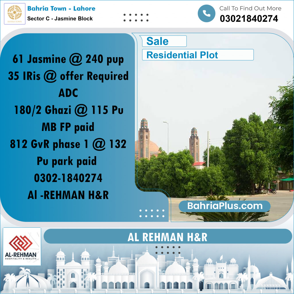 10 Marla Residential Plot for Sale in Sector C - Jasmine Block -  Bahria Town, Lahore - (BP-289930)