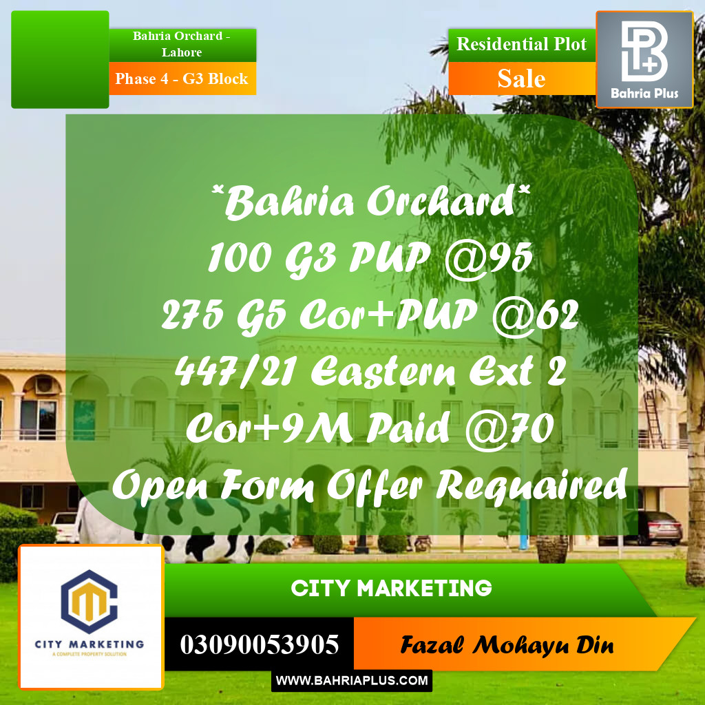 10 Marla Residential Plot for Sale in Phase 4 - G3 Block -  Bahria Orchard, Lahore - (BP-289958)