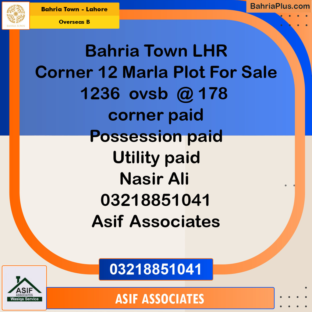 12 Marla Residential Plot for Sale in Overseas B -  Bahria Town, Lahore - (BP-289986)