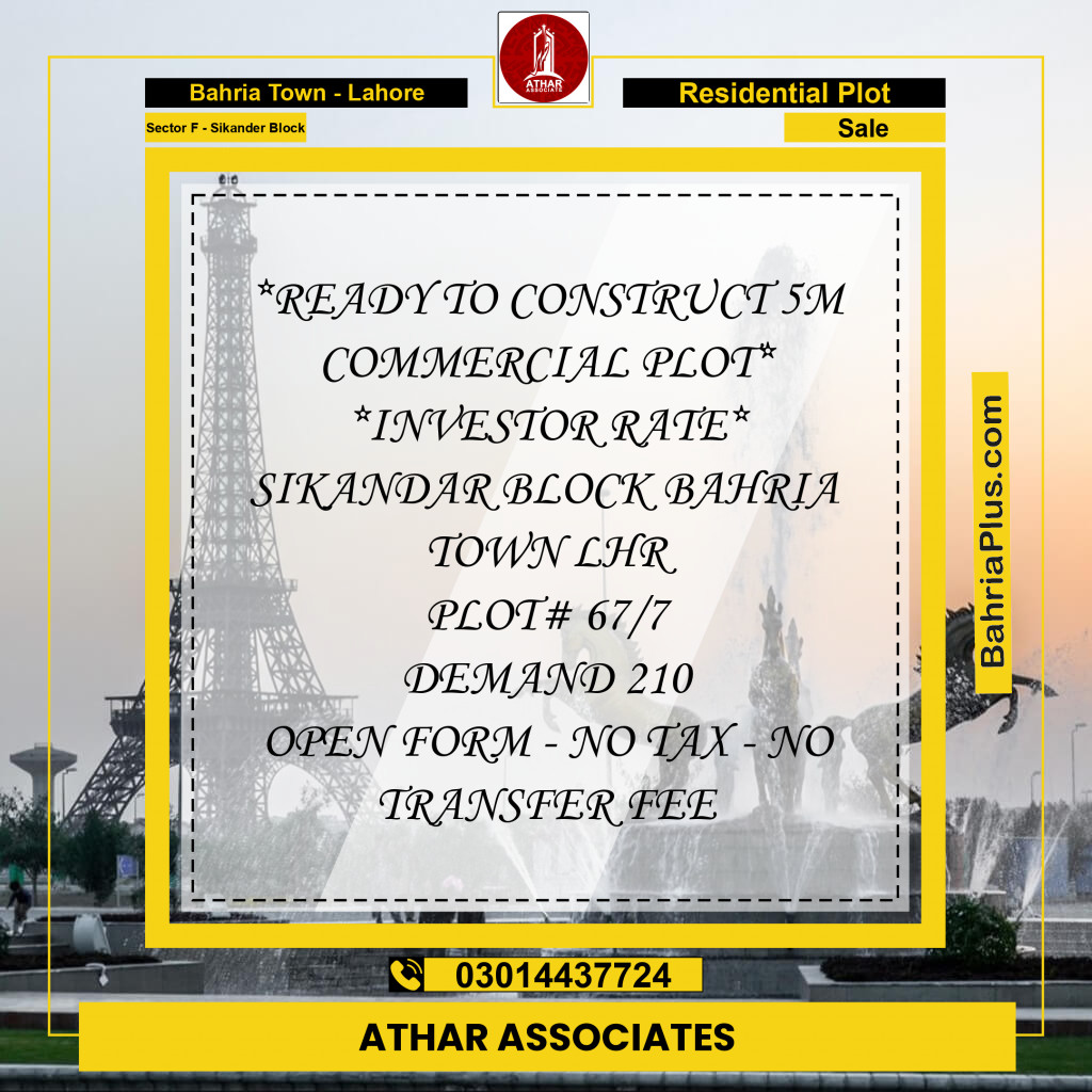 5 Marla Residential Plot for Sale in Sector F - Sikander Block -  Bahria Town, Lahore - (BP-290014)