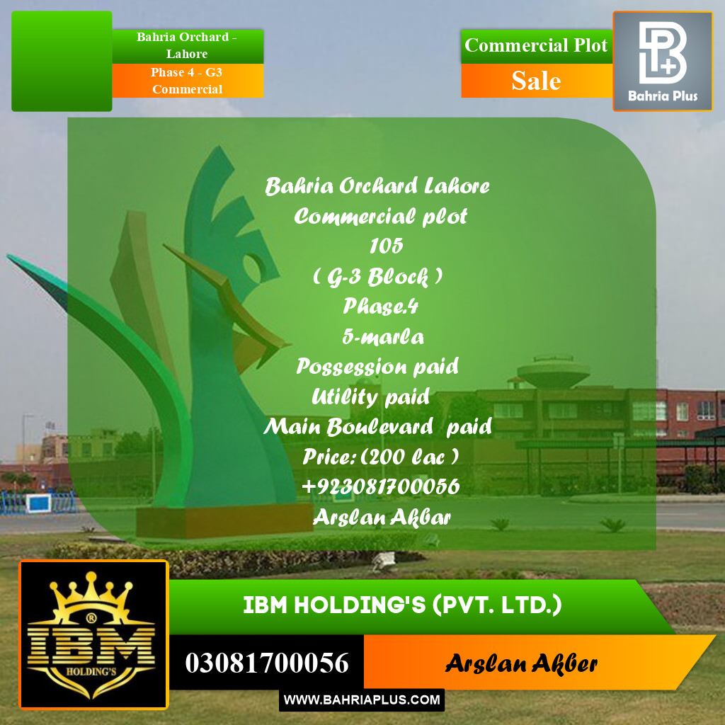 5 Marla Commercial Plot for Sale in Phase 4 - G3 Commercial -  Bahria Orchard, Lahore - (BP-290022)