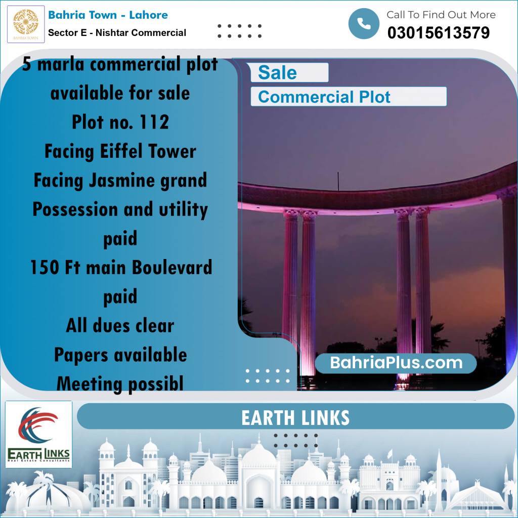 5 Marla Commercial Plot for Sale in Sector E - Nishtar Commercial -  Bahria Town, Lahore - (BP-290150)