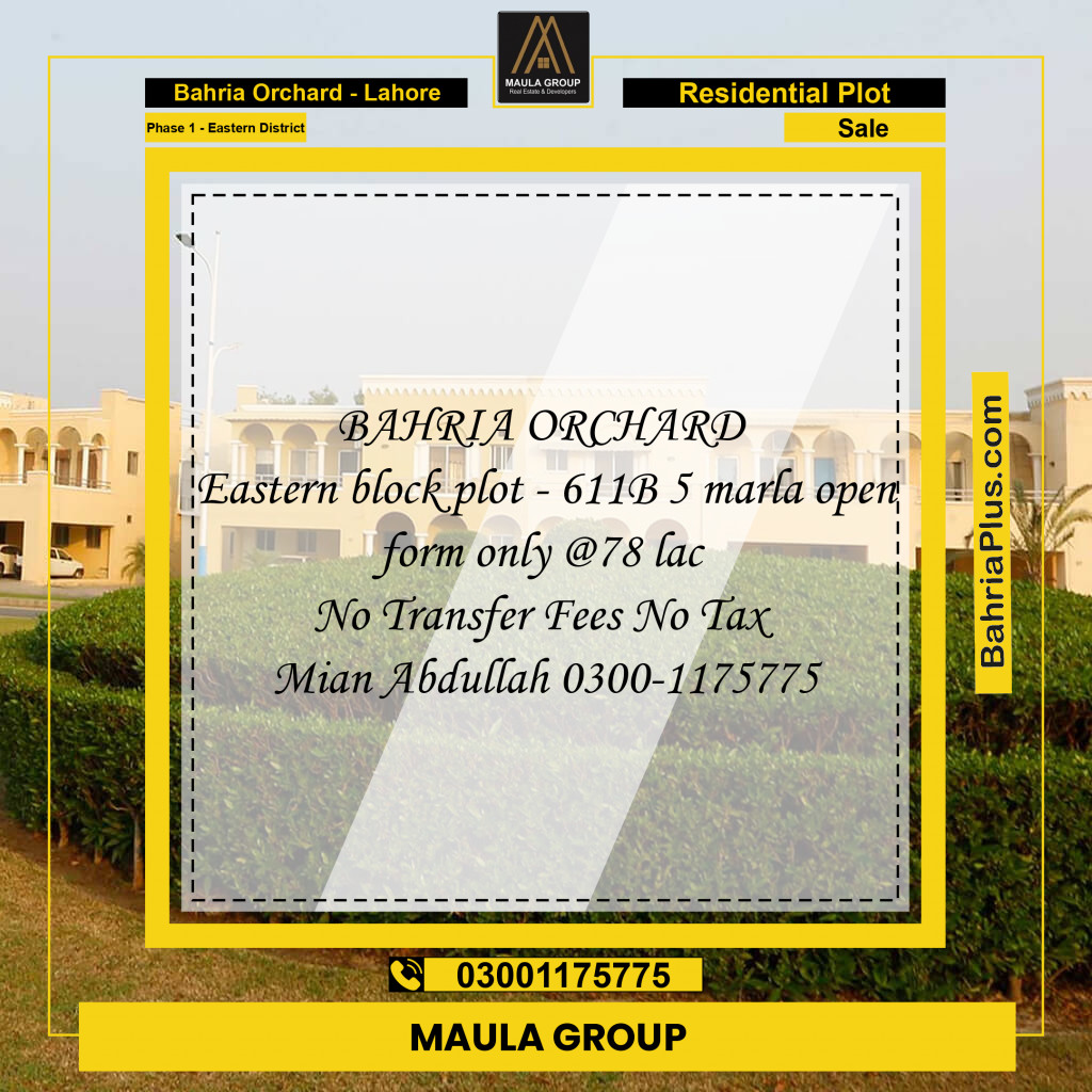 5 Marla Residential Plot for Sale in Phase 1 - Eastern District -  Bahria Orchard, Lahore - (BP-290193)