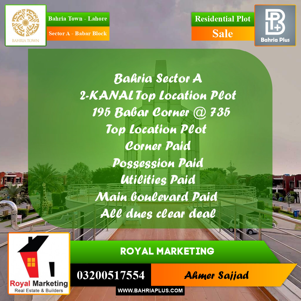 2 Kanal Residential Plot for Sale in Sector A - Babar Block -  Bahria Town, Lahore - (BP-290327)
