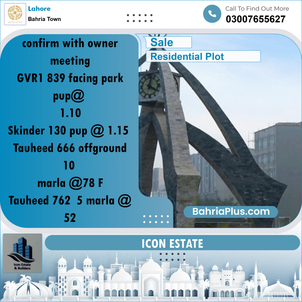 Residential Plot for Sale in Bahria Town, Lahore - (BP-290334)