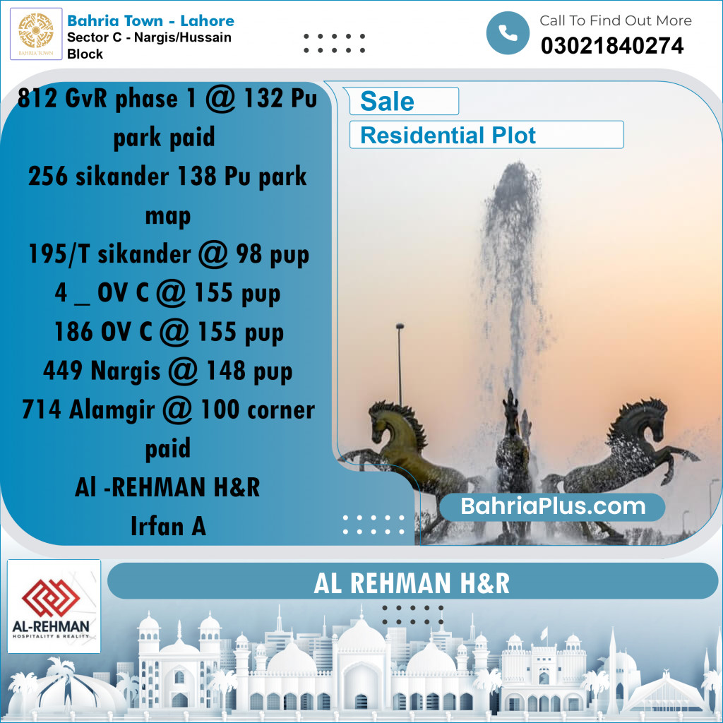 10 Marla Residential Plot for Sale in Sector C - Nargis/Hussain Block -  Bahria Town, Lahore - (BP-290338)