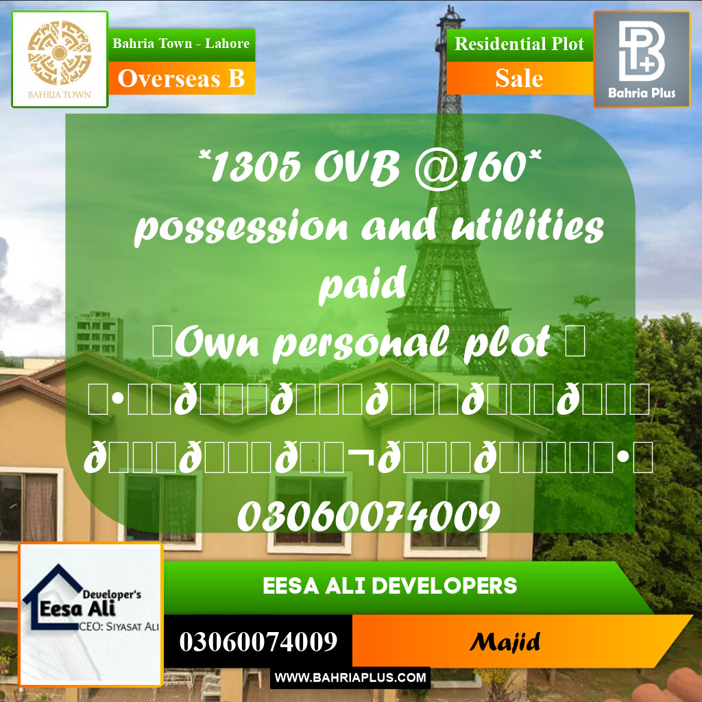Residential Plot for Sale in Overseas B -  Bahria Town, Lahore - (BP-290383)