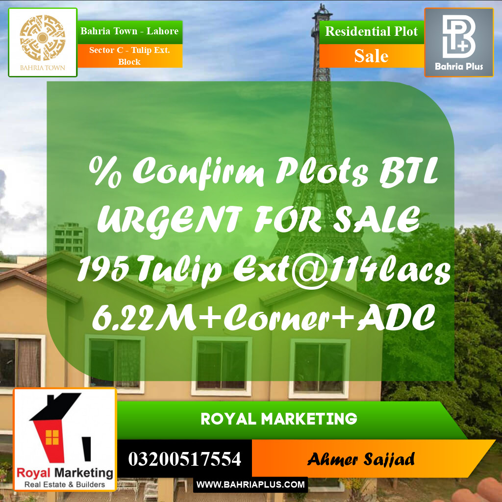 6.22 Marla Residential Plot for Sale in Sector C - Tulip Ext. Block -  Bahria Town, Lahore - (BP-290451)