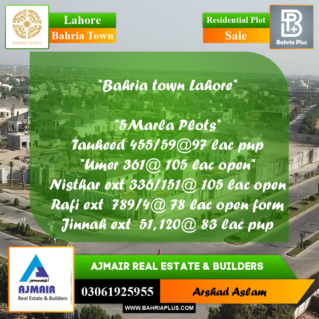 Residential Plot for Sale in Bahria Town, Lahore - (BP-290605)
