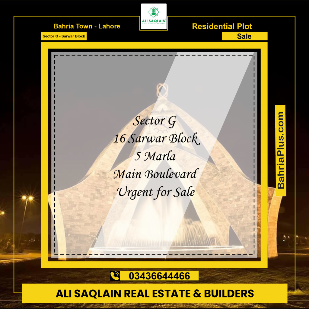 5 Marla Residential Plot for Sale in Sector G - Sarwar Block -  Bahria Town, Lahore - (BP-290642)