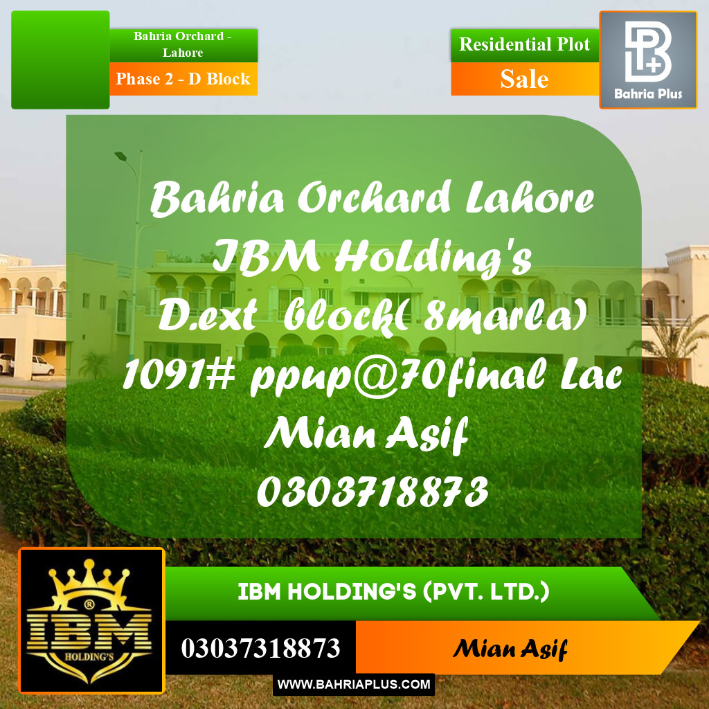 8 Marla Residential Plot for Sale in Phase 2 - D Block -  Bahria Orchard, Lahore - (BP-290646)