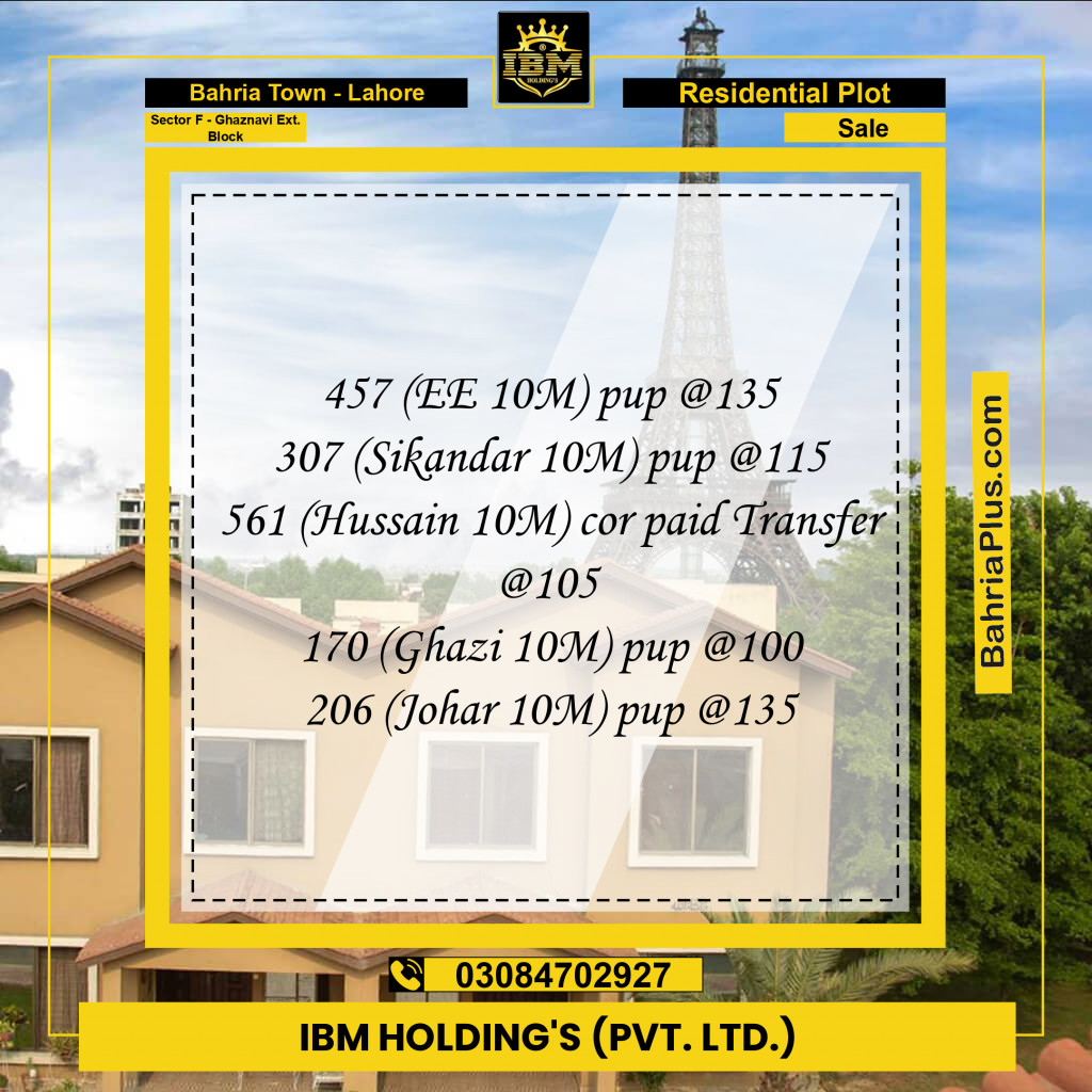 10 Marla Residential Plot for Sale in Sector F - Ghaznavi Ext. Block -  Bahria Town, Lahore - (BP-290862)