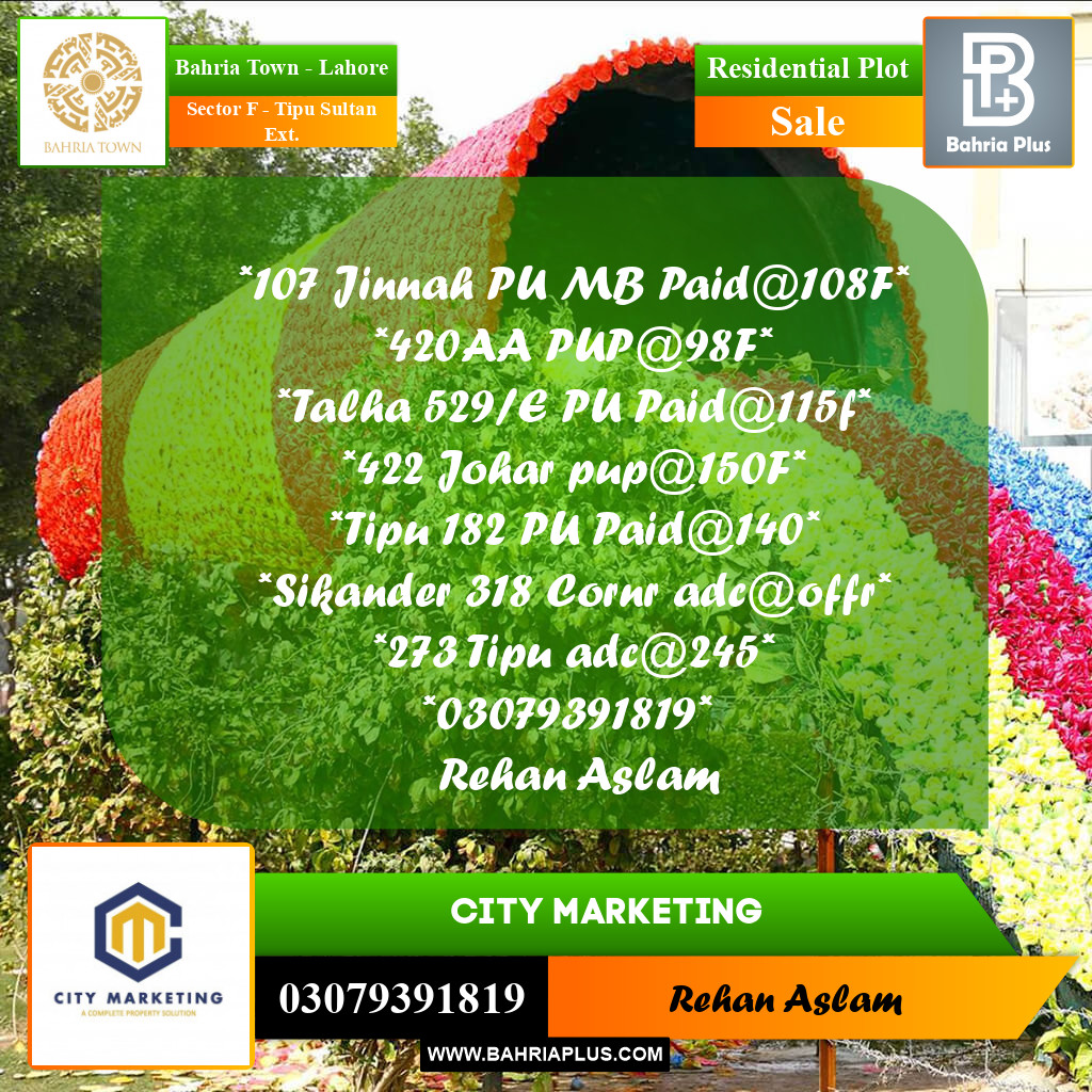 Residential Plot for Sale in Sector F - Tipu Sultan Ext. -  Bahria Town, Lahore - (BP-290995)