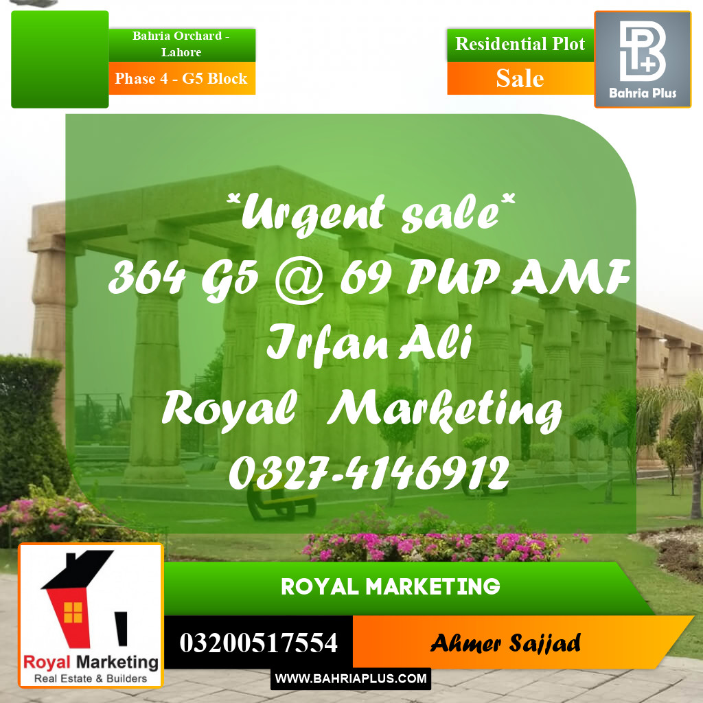 10 Marla Residential Plot for Sale in Phase 4 - G5 Block -  Bahria Orchard, Lahore - (BP-291185)