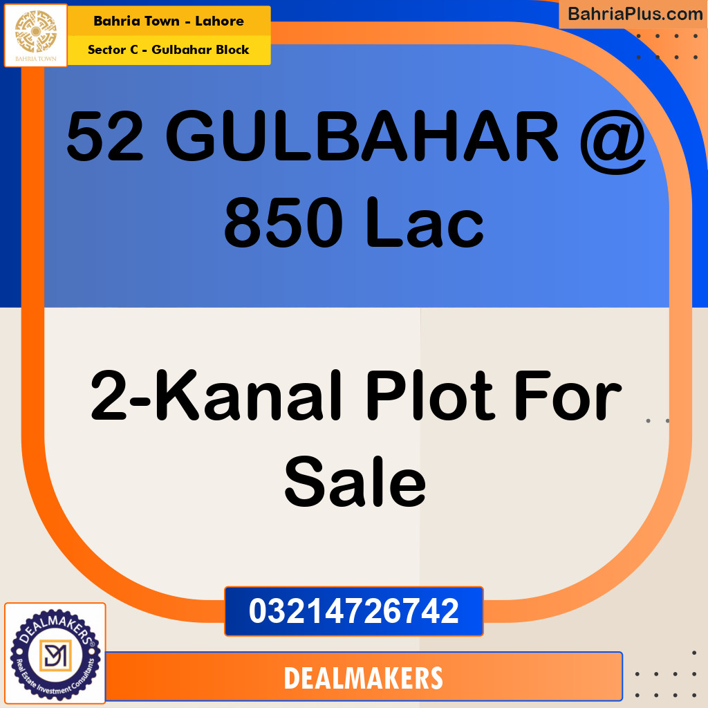 2 Kanal Residential Plot for Sale in Sector C - Gulbahar Block -  Bahria Town, Lahore - (BP-291206)