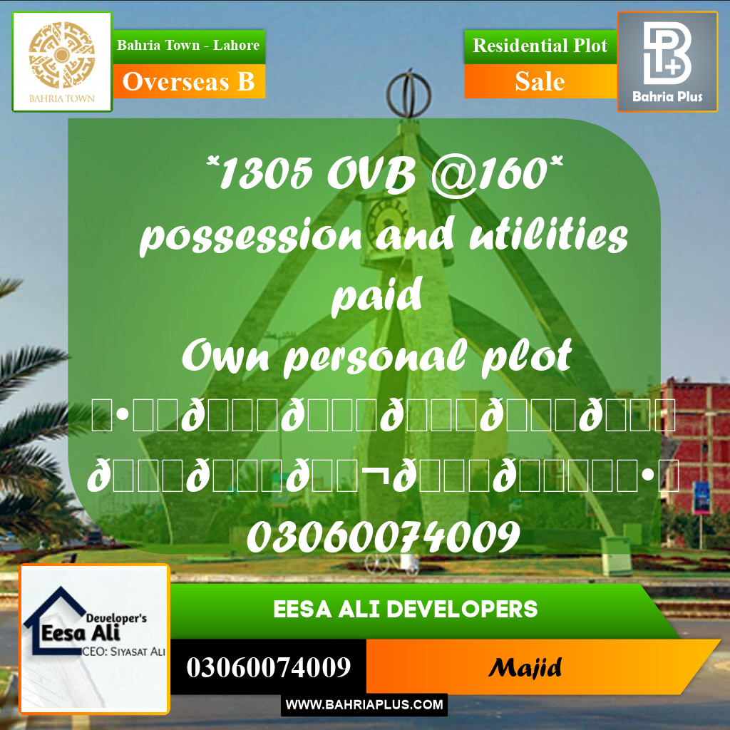 Residential Plot for Sale in Overseas B -  Bahria Town, Lahore - (BP-291229)