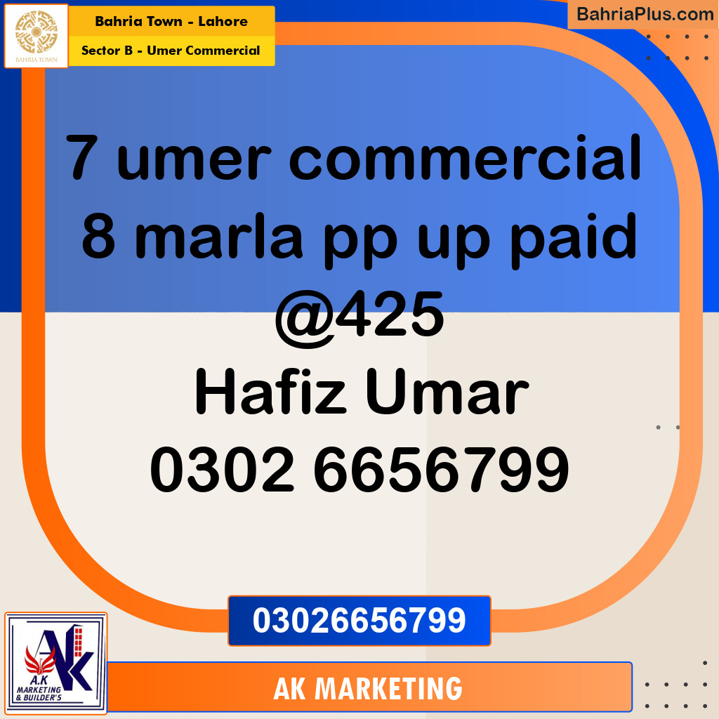 Commercial Plot for Sale in Sector B - Umer Commercial -  Bahria Town, Lahore - (BP-291232)