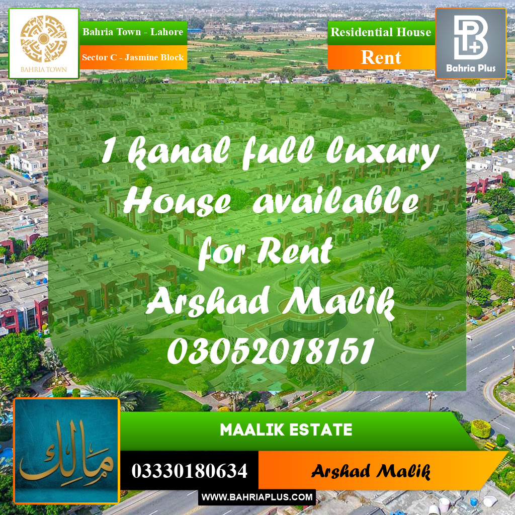 1 Kanal Residential House for Rent in Sector C - Jasmine Block -  Bahria Town, Lahore - (BP-291252)
