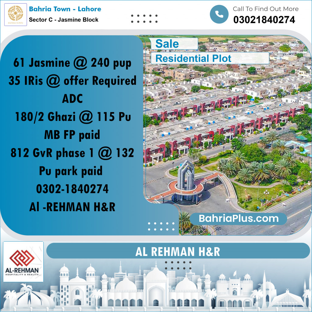 10 Marla Residential Plot for Sale in Sector C - Jasmine Block -  Bahria Town, Lahore - (BP-291476)