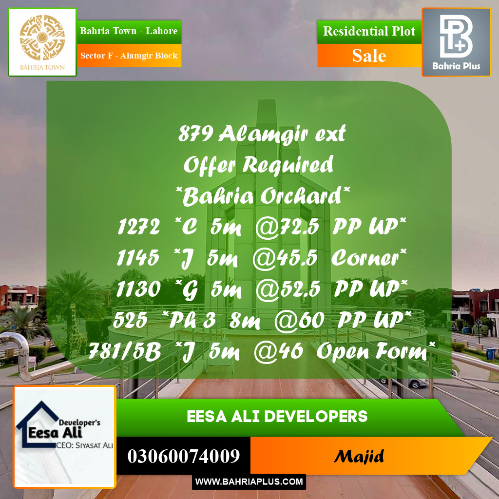 Residential Plot for Sale in Sector F - Alamgir Block -  Bahria Town, Lahore - (BP-291746)