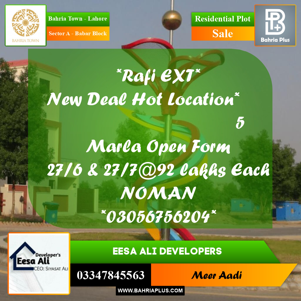 Residential Plot for Sale in Sector A - Babar Block -  Bahria Town, Lahore - (BP-291779)