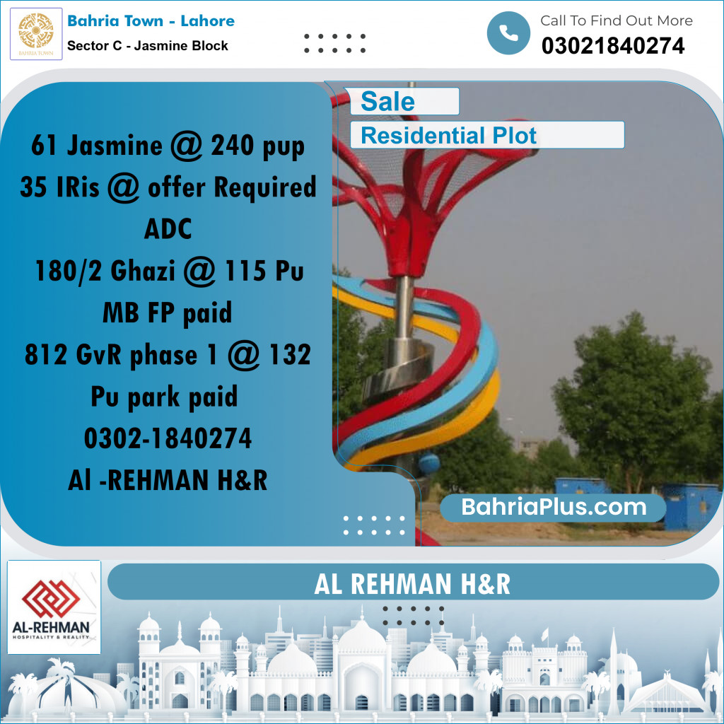 10 Marla Residential Plot for Sale in Sector C - Jasmine Block -  Bahria Town, Lahore - (BP-291782)