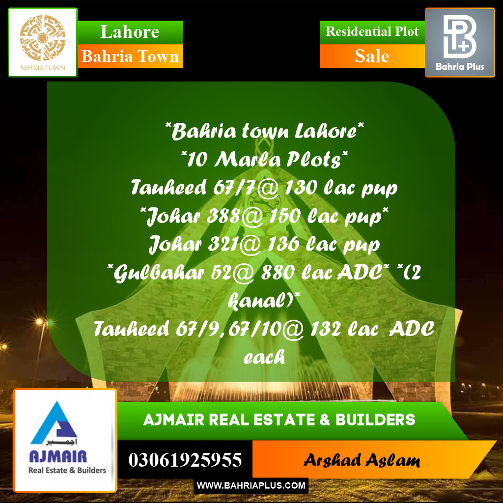 Residential Plot for Sale in Bahria Town, Lahore - (BP-292011)
