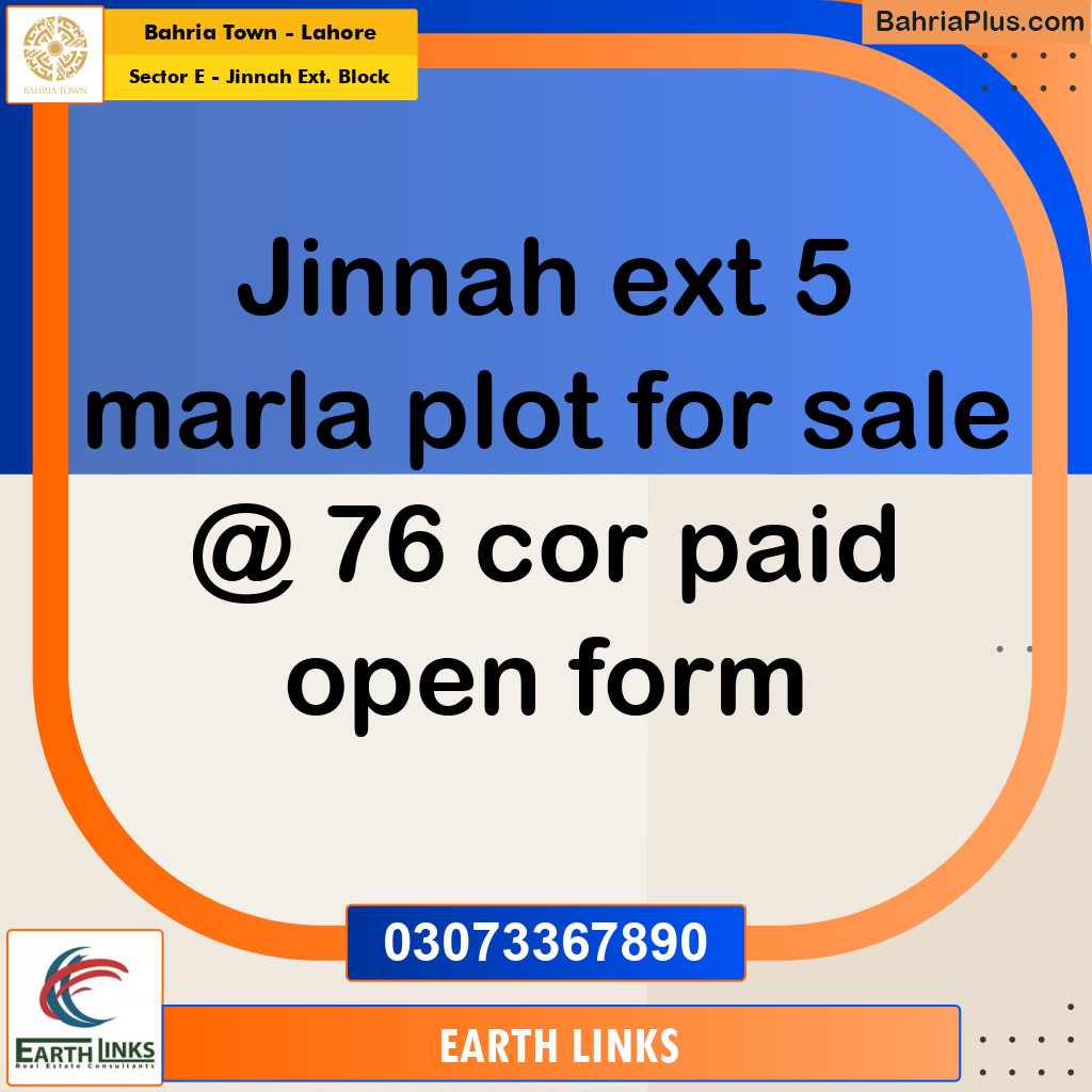5 Marla Residential Plot for Sale in Sector E - Jinnah Ext. Block -  Bahria Town, Lahore - (BP-292066)