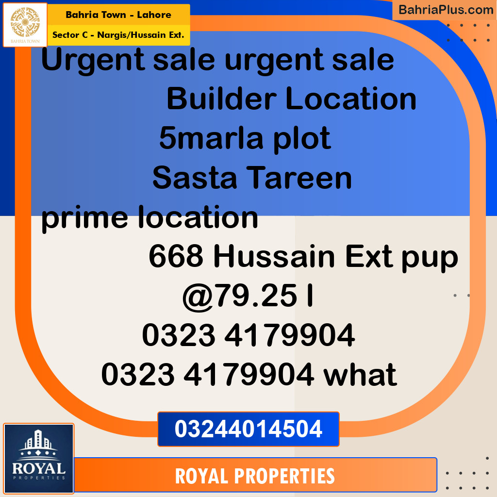 Residential Plot for Sale in Sector C - Nargis/Hussain Ext. -  Bahria Town, Lahore - (BP-292138)