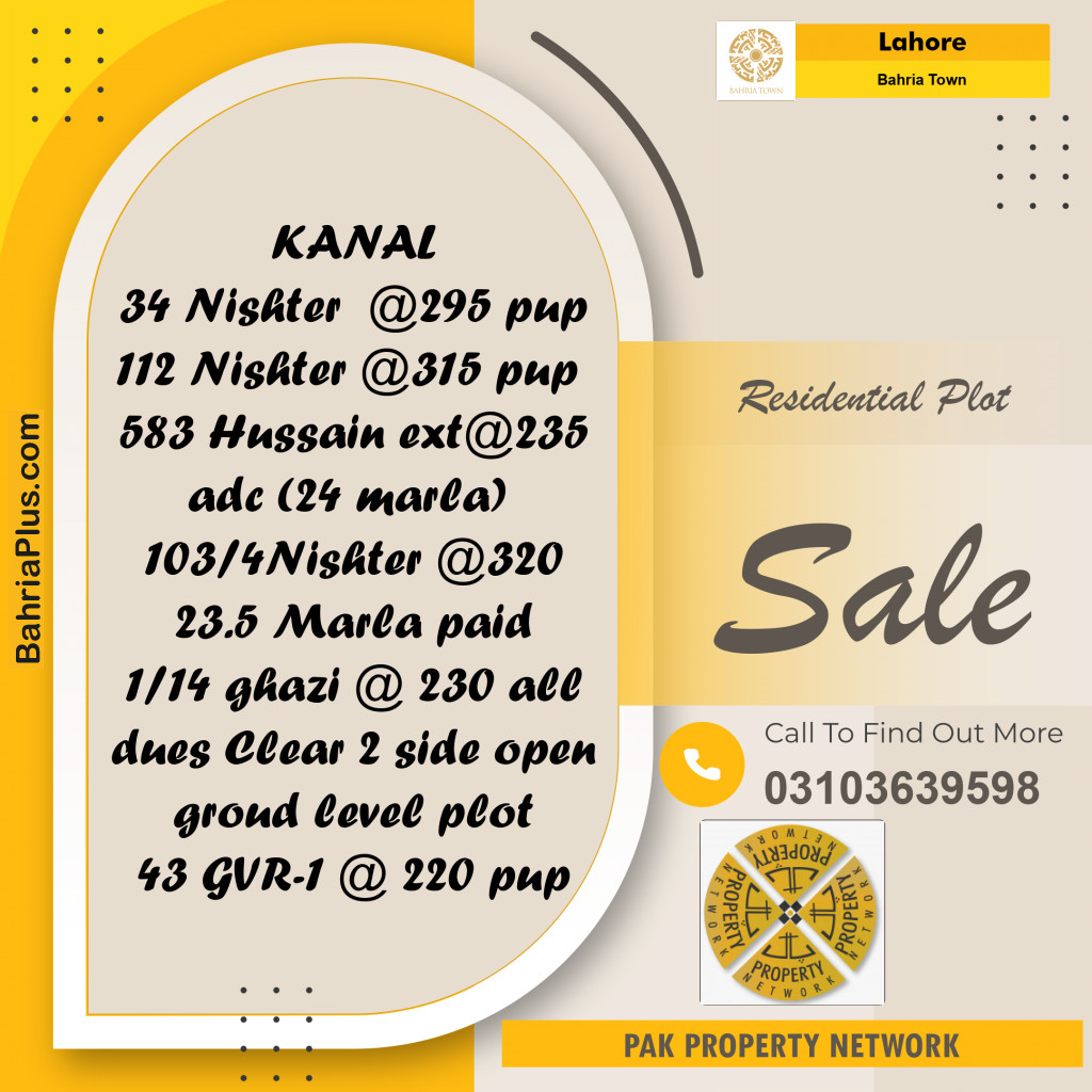 Residential Plot for Sale in Bahria Town, Lahore - (BP-292276)
