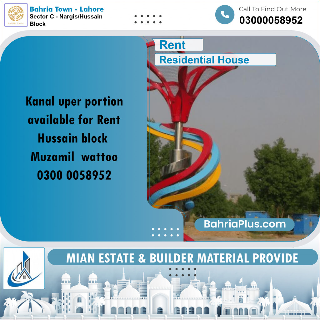 20 Marla Residential House for Rent in Sector C - Nargis/Hussain Block -  Bahria Town, Lahore - (BP-292352)