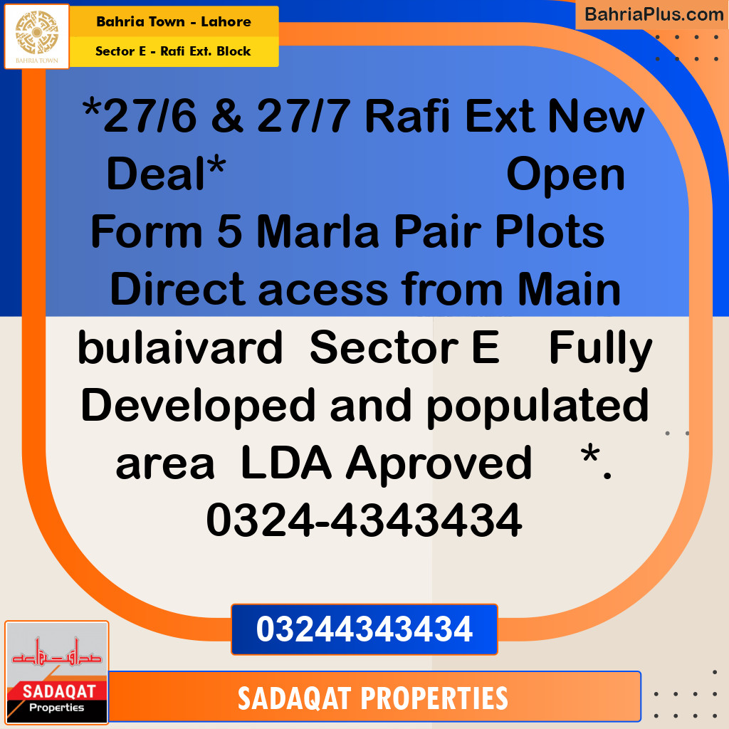 5 Marla Residential Plot for Sale in Sector E - Rafi Ext. Block -  Bahria Town, Lahore - (BP-292414)