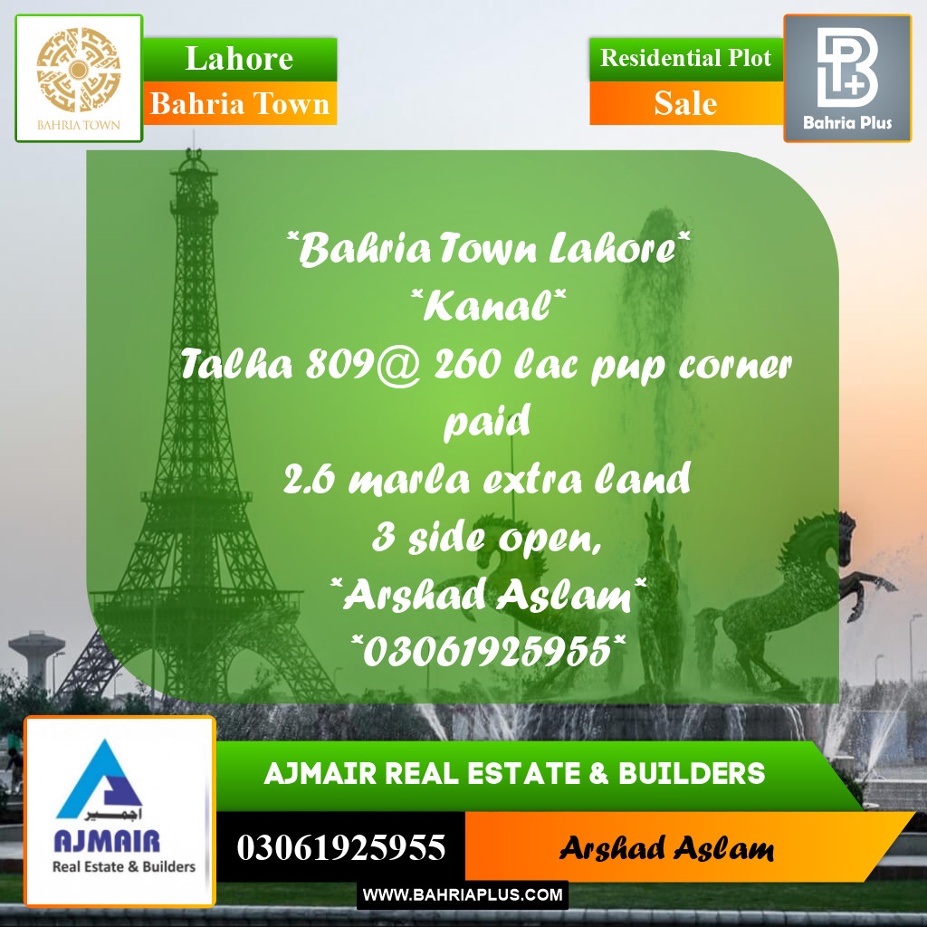 Residential Plot for Sale in Bahria Town, Lahore - (BP-292463)
