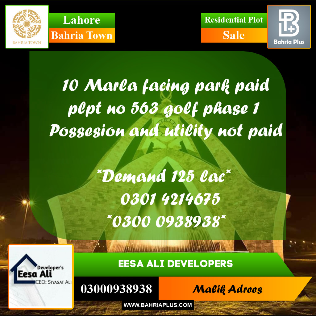 Residential Plot for Sale in Bahria Town, Lahore - (BP-292566)