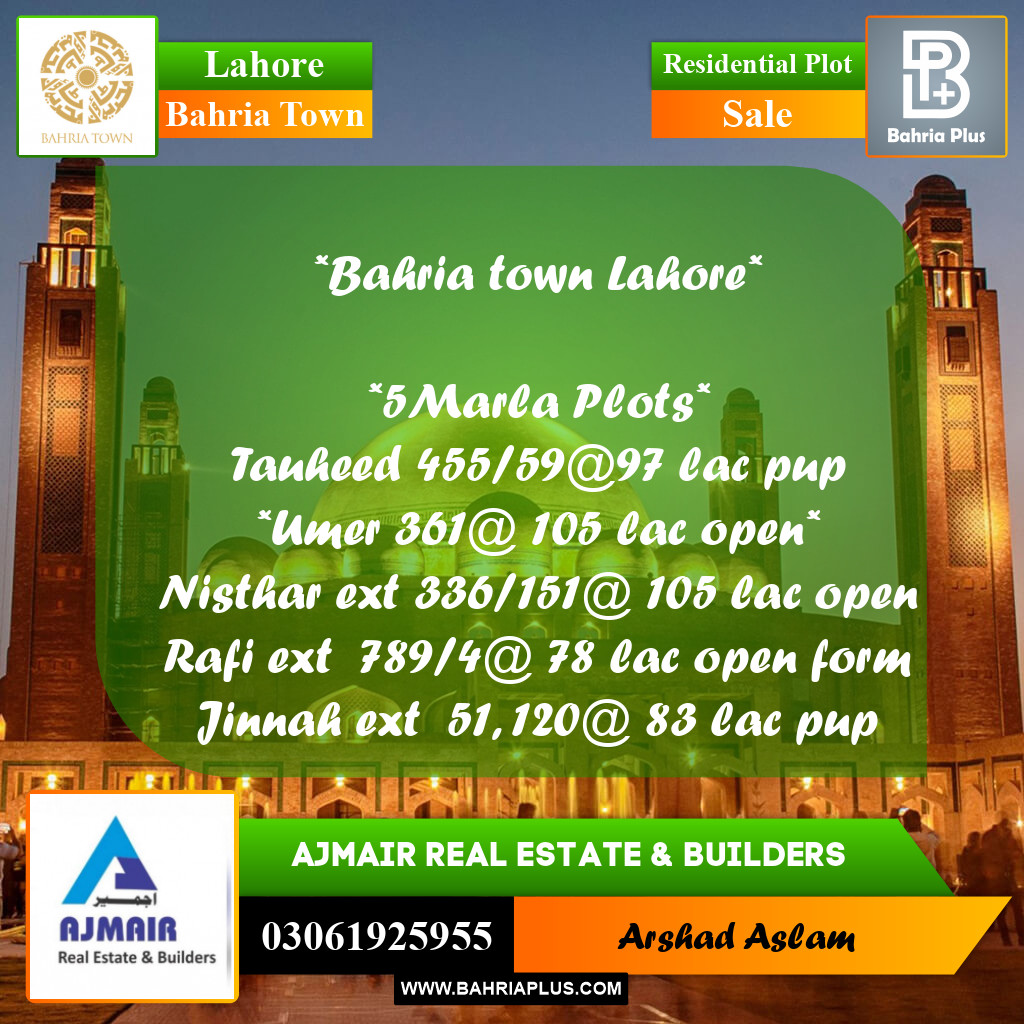 Residential Plot for Sale in Bahria Town, Lahore - (BP-292614)
