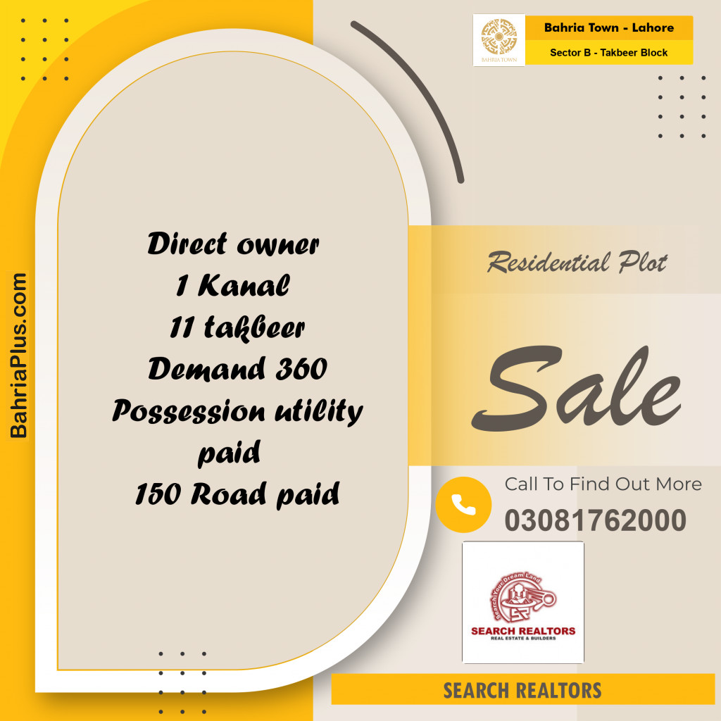 1 Kanal Residential Plot for Sale in Sector B - Takbeer Block -  Bahria Town, Lahore - (BP-292728)