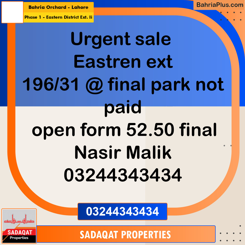 5 Marla Residential Plot for Sale in Phase 1 - Eastern District Ext. II -  Bahria Orchard, Lahore - (BP-292751)