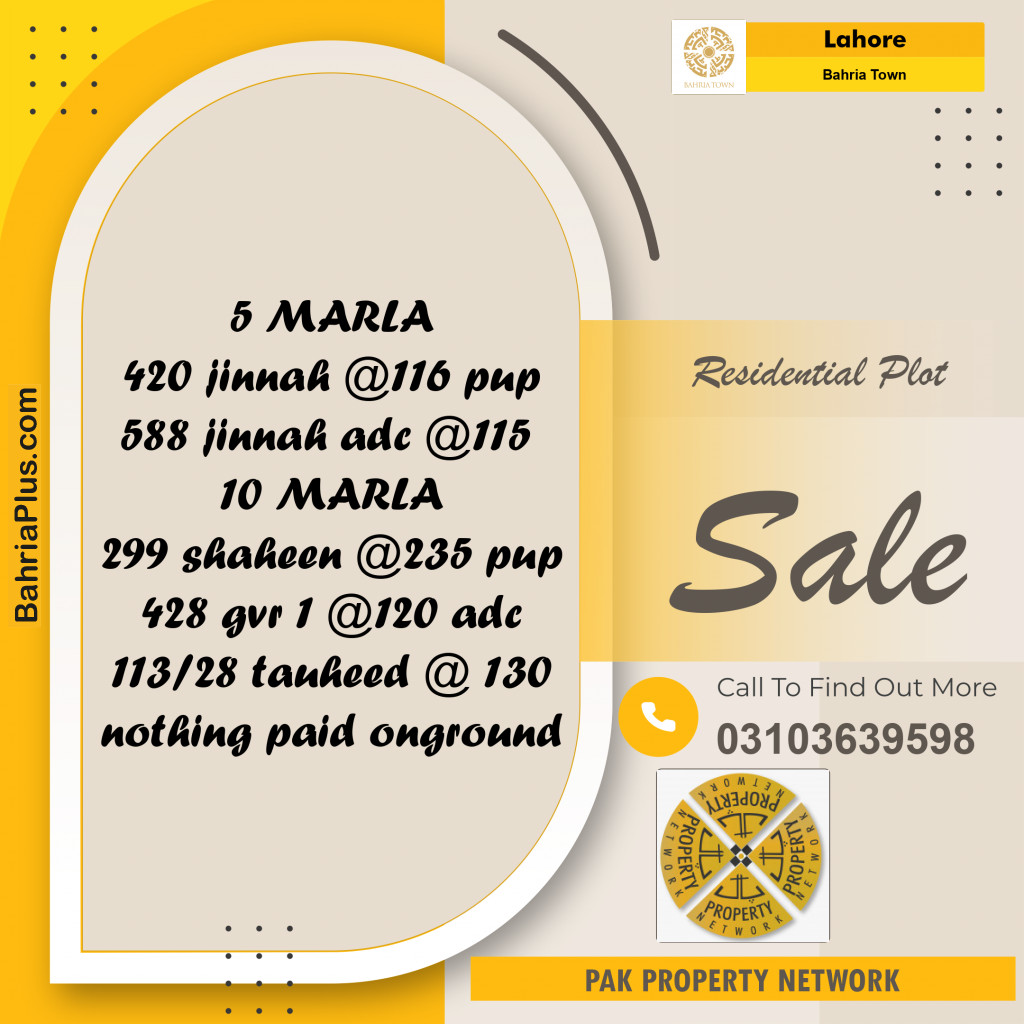 Residential Plot for Sale in Bahria Town, Lahore - (BP-292814)