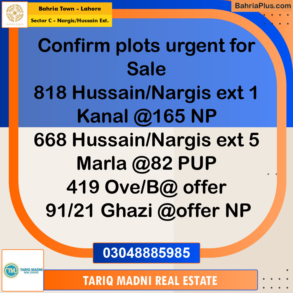1 Kanal Residential Plot for Sale in Sector C - Nargis/Hussain Ext. -  Bahria Town, Lahore - (BP-292827)