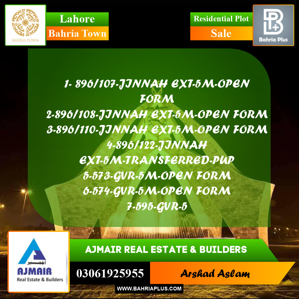 Residential Plot for Sale in Bahria Town, Lahore - (BP-292969)