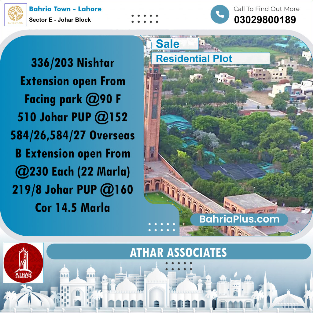 18 Marla Residential Plot for Sale in Sector E - Johar Block -  Bahria Town, Lahore - (BP-293090)