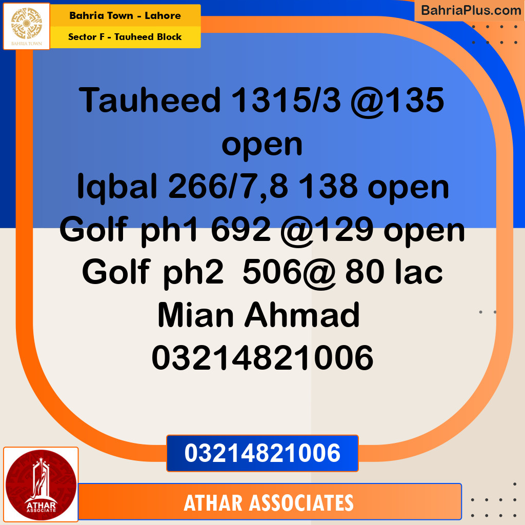 10 Marla Residential Plot for Sale in Sector F - Tauheed Block -  Bahria Town, Lahore - (BP-293106)