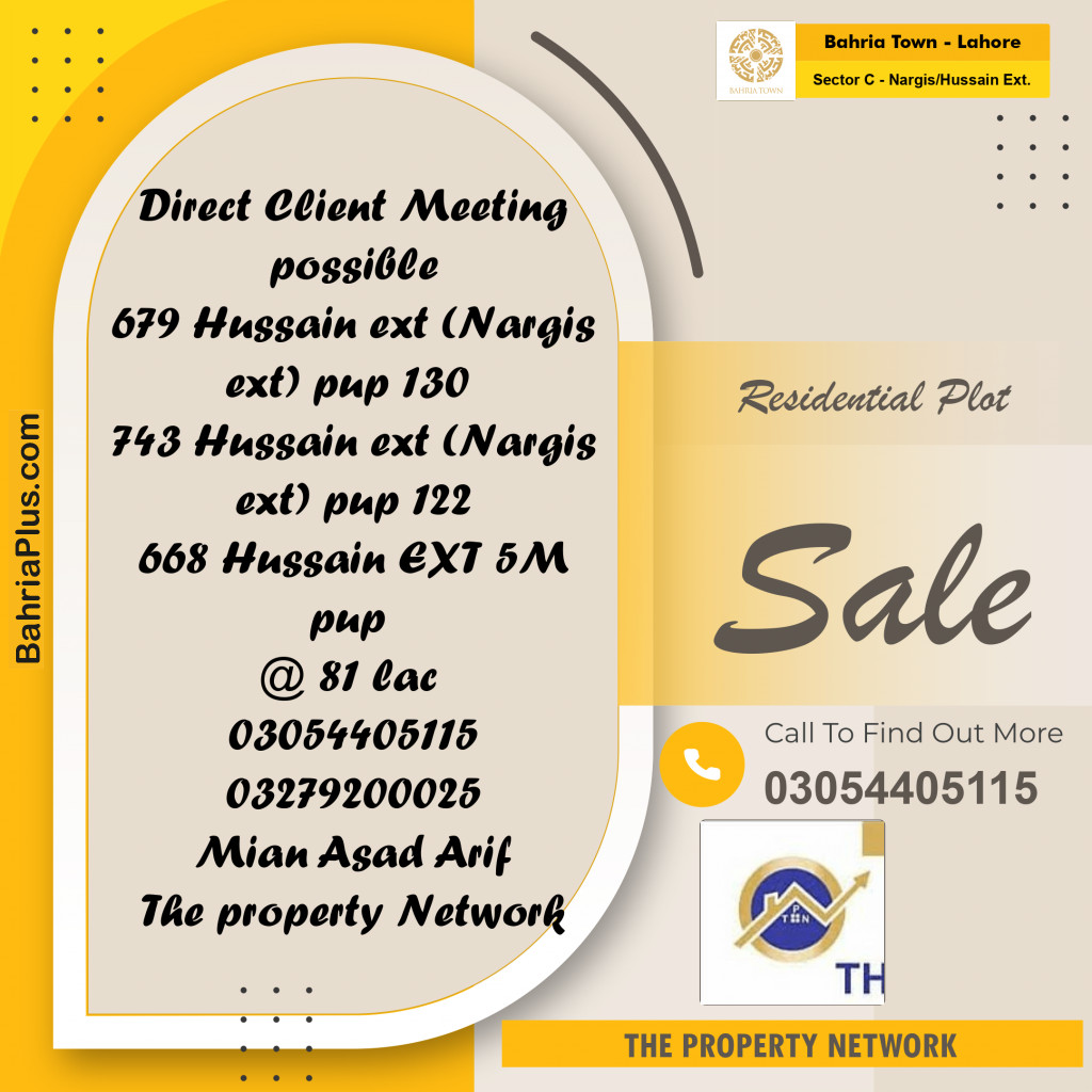 Residential Plot for Sale in Sector C - Nargis/Hussain Ext. -  Bahria Town, Lahore - (BP-293215)