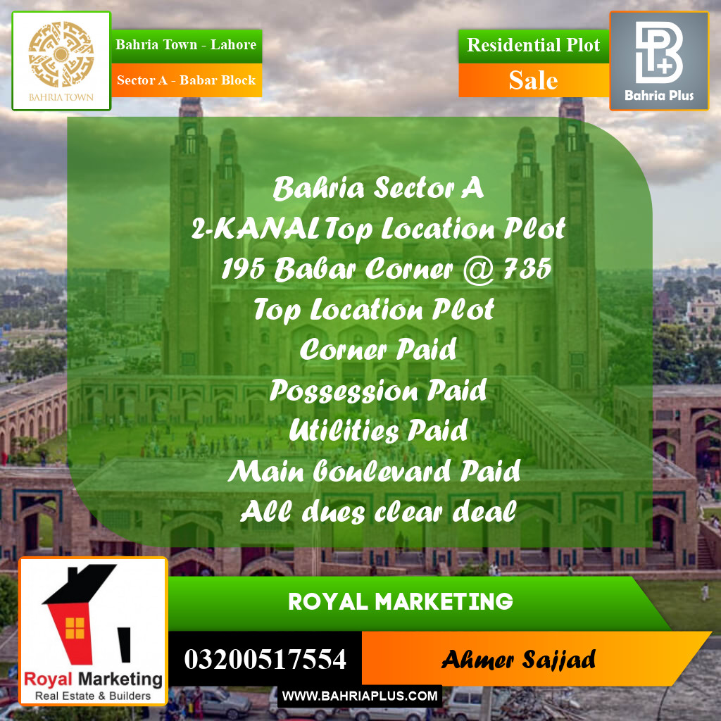2 Kanal Residential Plot for Sale in Sector A - Babar Block -  Bahria Town, Lahore - (BP-293217)