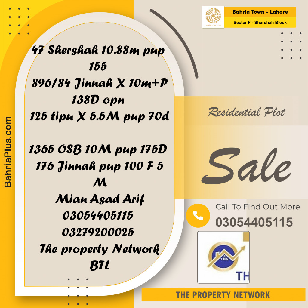 Residential Plot for Sale in Sector F - Shershah Block -  Bahria Town, Lahore - (BP-293227)