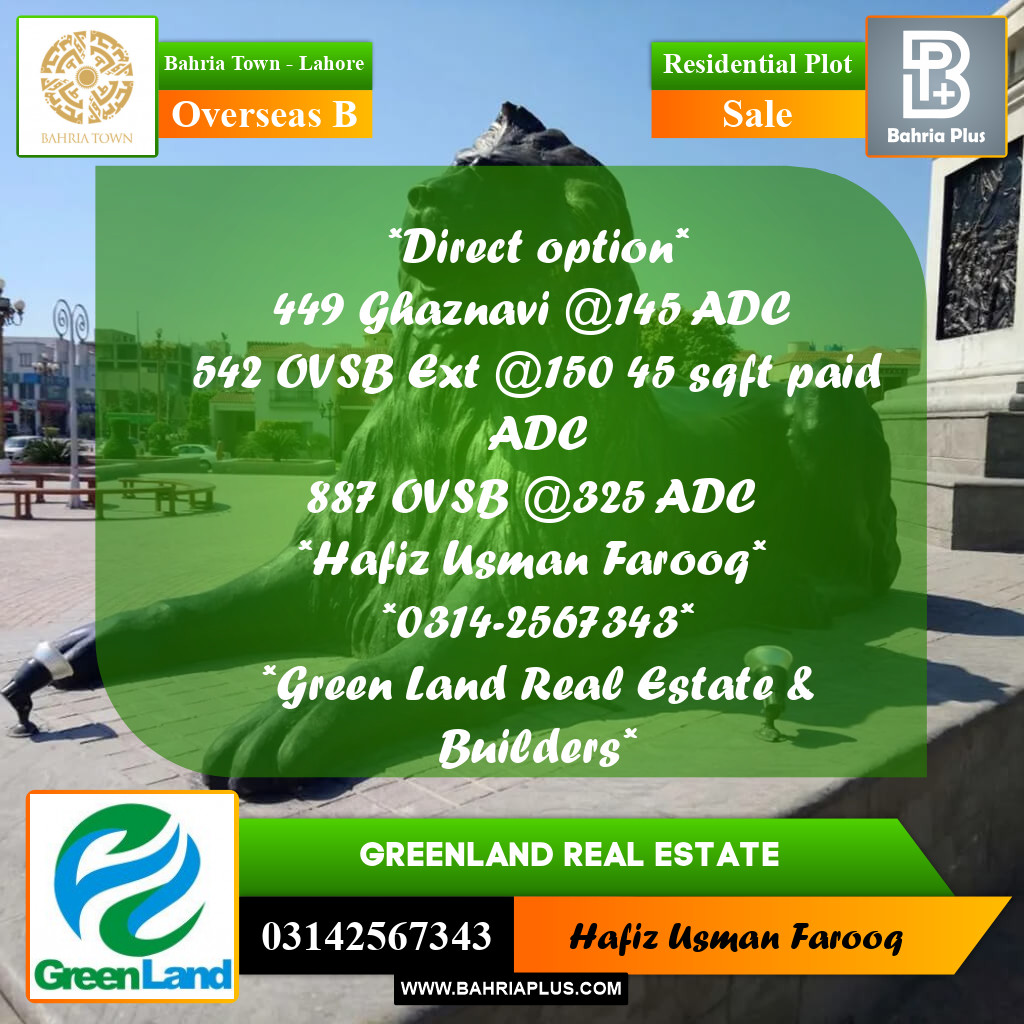 10 Marla Residential Plot for Sale in Overseas B -  Bahria Town, Lahore - (BP-293245)